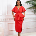 D516  summer sexy v-neck ruffle slit beaded evening gown - elegant socialite style banquet dress