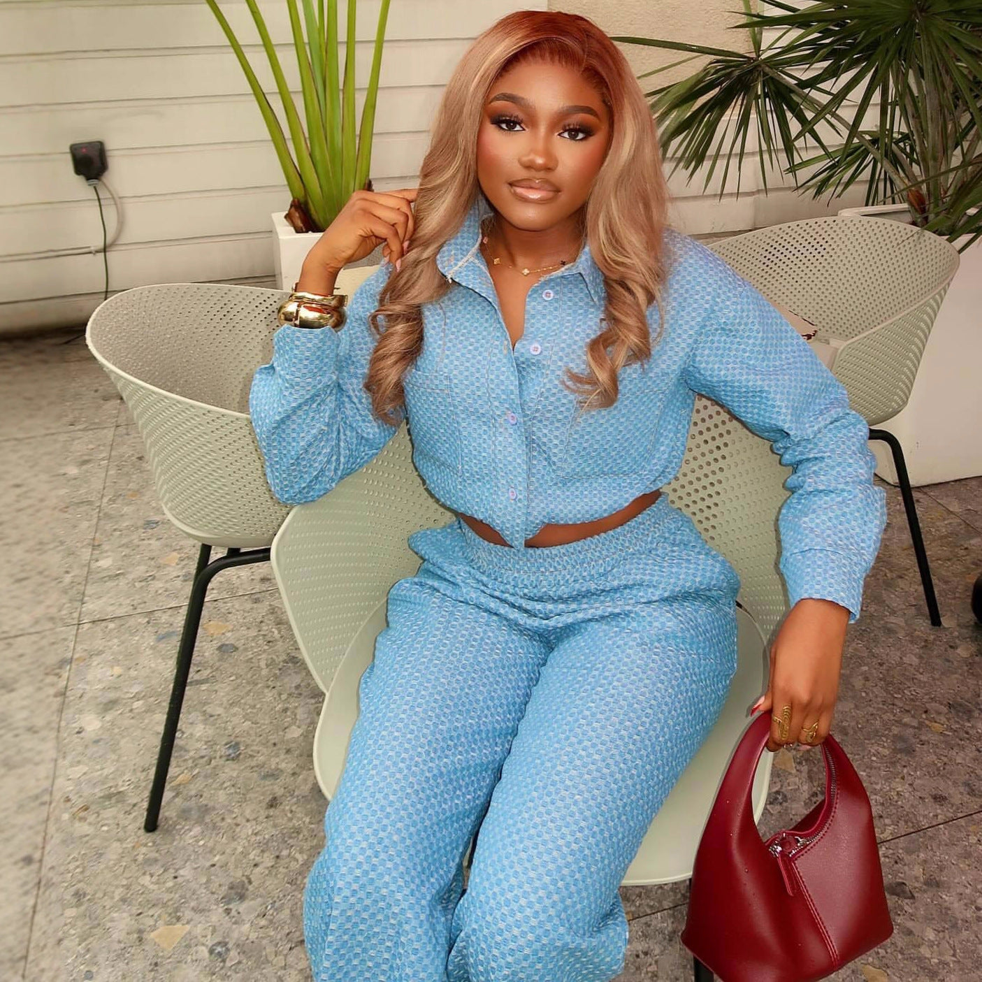 European and American large-size casual lapel collar long-sleeved polka dot cardigan shirt women's African new foreign-style high-waisted trousers two-piece set