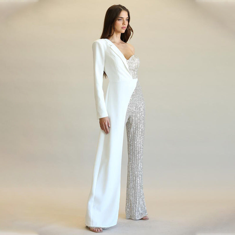 new european and american cross-border e-commerce independent website women's silver sequin patchwork one-shoulder fashion sequin jumpsuit