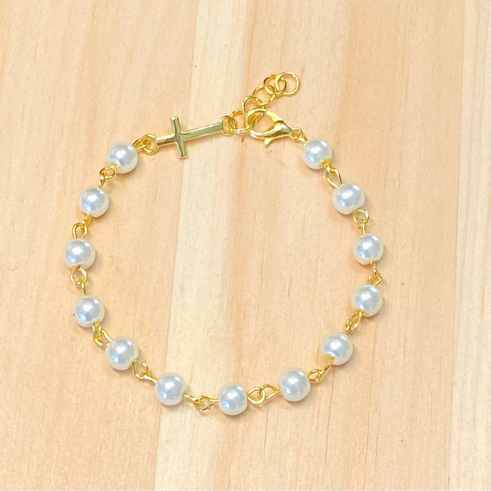 European and american cross-border new arrival: faux pearl beaded cross accent layered bracelet - stainless steel stackable jewelry accessory