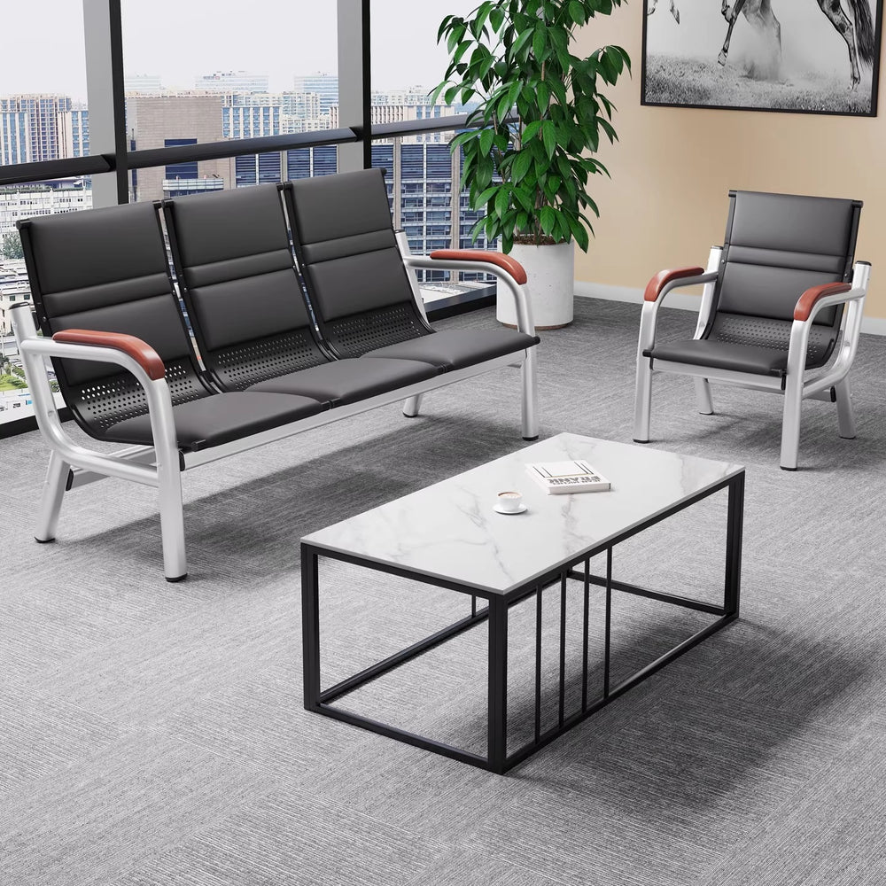 Office sofa and coffee table set - minimalist modern reception desk with iron frame, business three-seater sofa