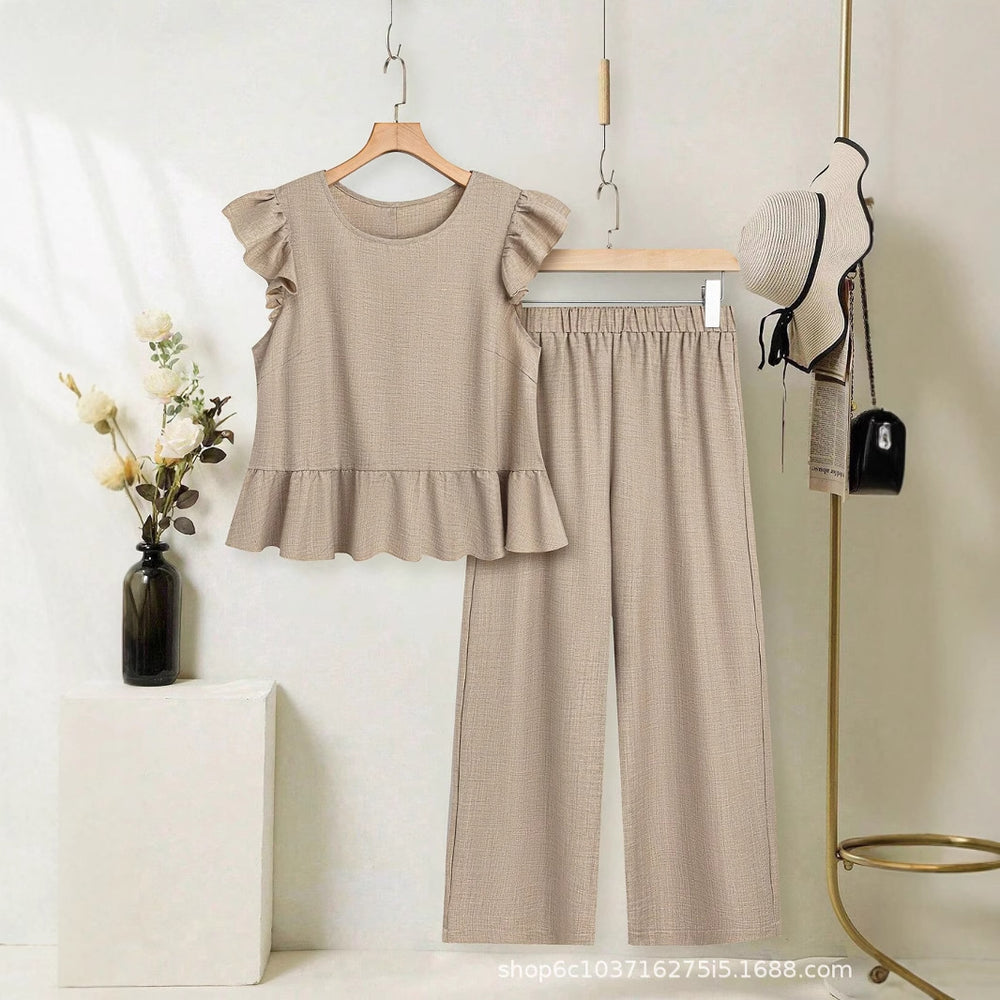 European and american cross-border women's short-sleeve set:  summer new arrival - stylish flutter sleeve top and wide-leg pants two-piece set