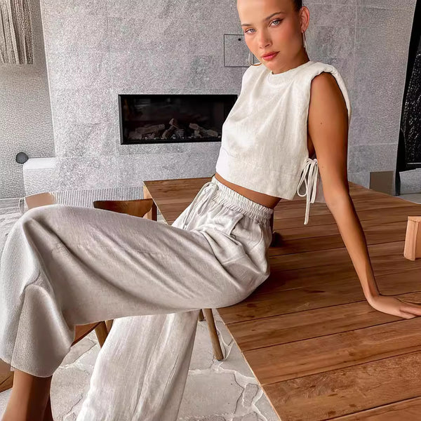 2024 summer new shoulder pads sleeveless top trousers two-piece set European and American casual fashion cotton and linen suit women's clothing