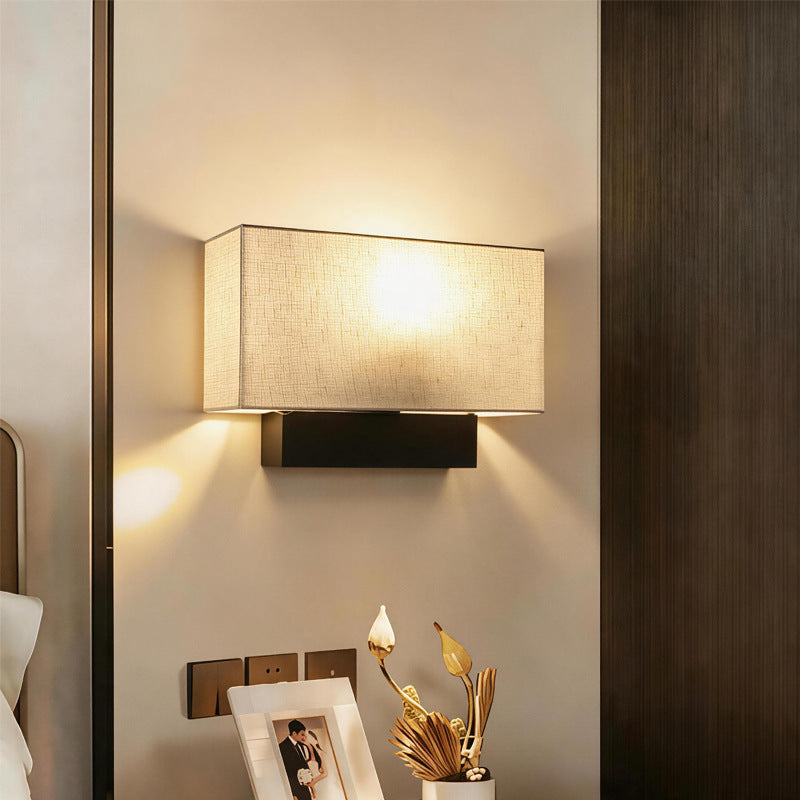 fabric bedside wall lamp, modern hotel reading wall light, rectangular cotton linen lampshade, indoor decorative wall sconce