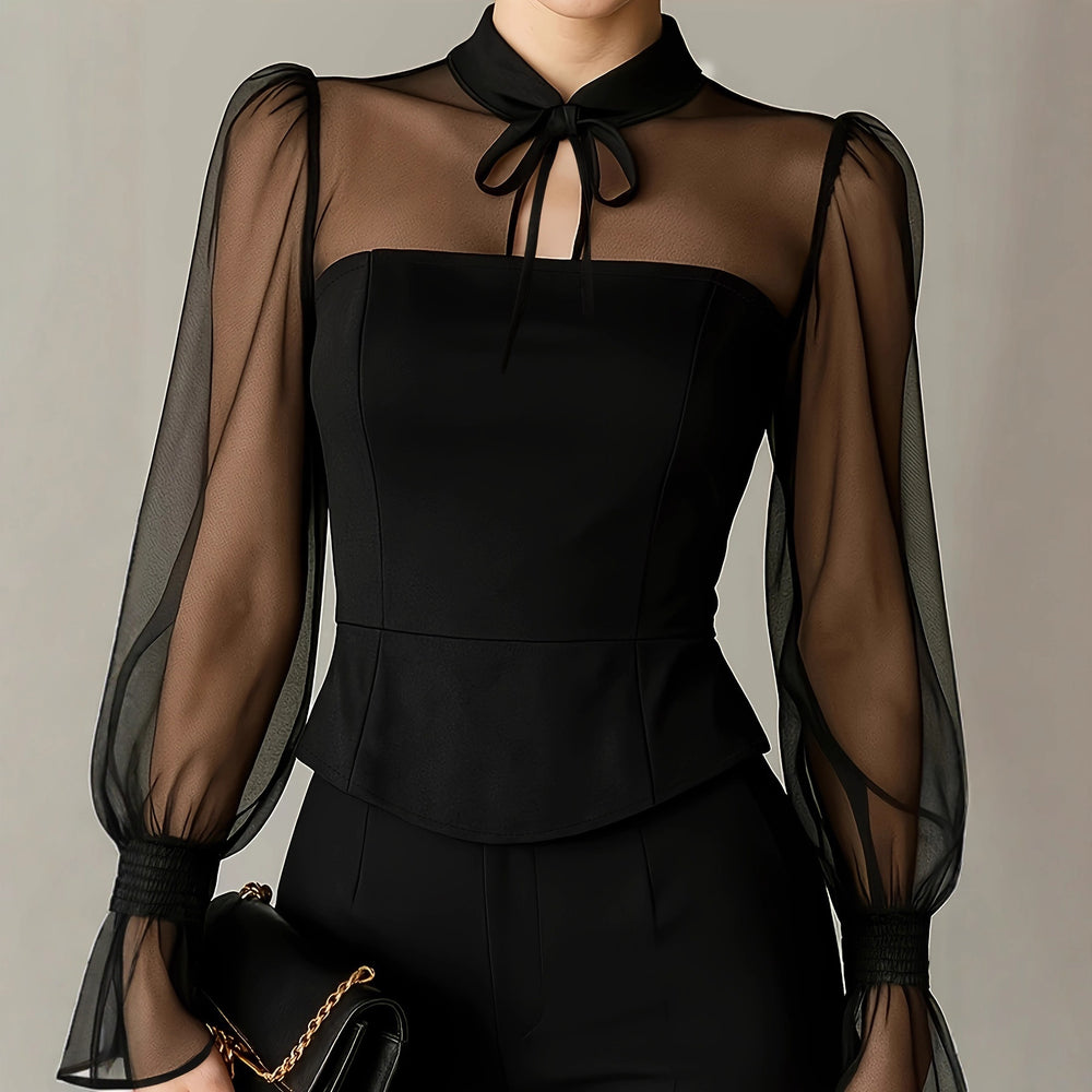 fashion  spring new arrivals: elegant women's bubble sleeve tie-neck blouse