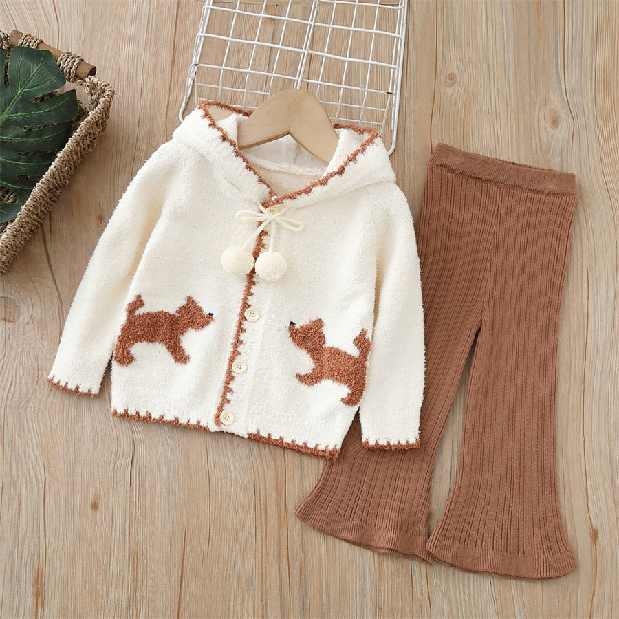 Girls' knitted sweater two-piece set -  autumn/winter new collection - girls' half-fleece warm outfit
