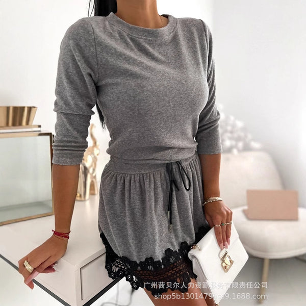 ODF4280 on the new  European and American contrasting lace splicing waist drawstring casual dress