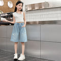 Girls' shorts - summer lightweight light wash denim mid-length shorts -  new summer fashionable pants - big kids' capri shorts