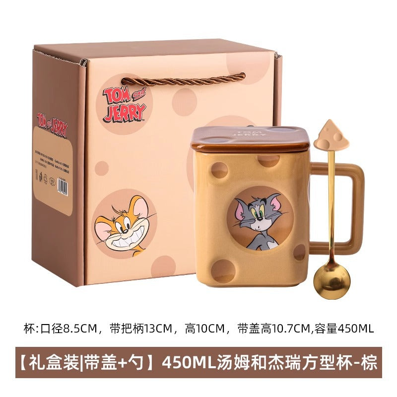 Cat and Mouse Square Cheese Mug with Lid and Spoon Gift Box Household Ceramic Mug Coffee Mug Birthday Gift