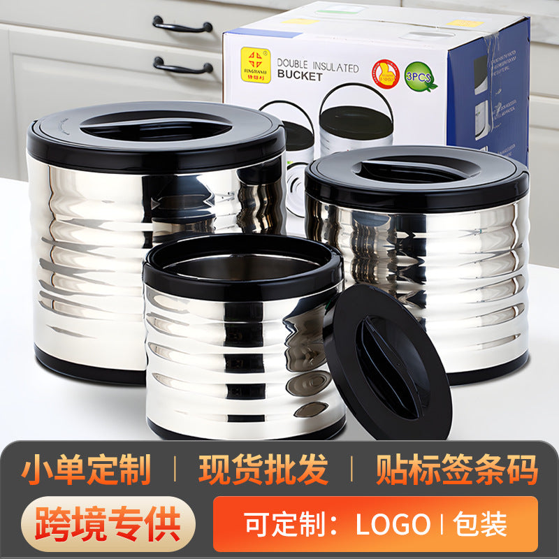 Export stainless steel gift box thermal rice bucket large, medium and small three-piece set winter double-layer long thermal insulation satchel pot