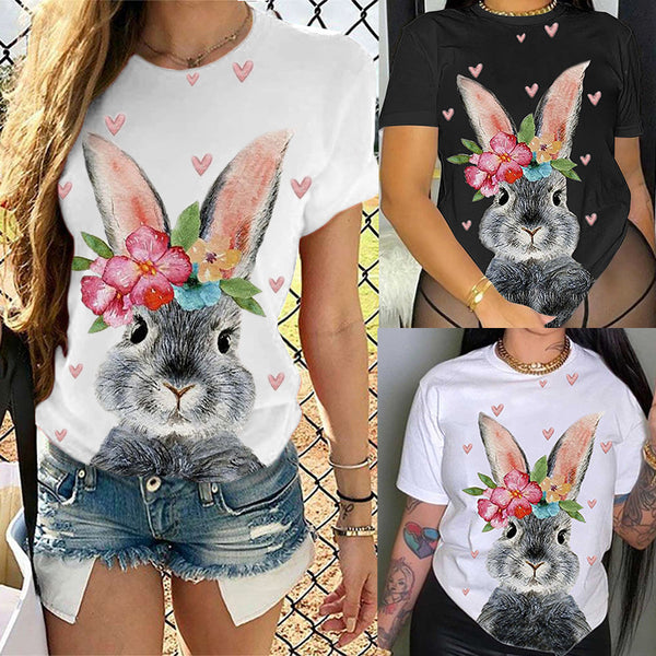 S390476 Cross-border wholesale European and American women's clothing Easter rabbit printed T-shirt short-sleeved top summer