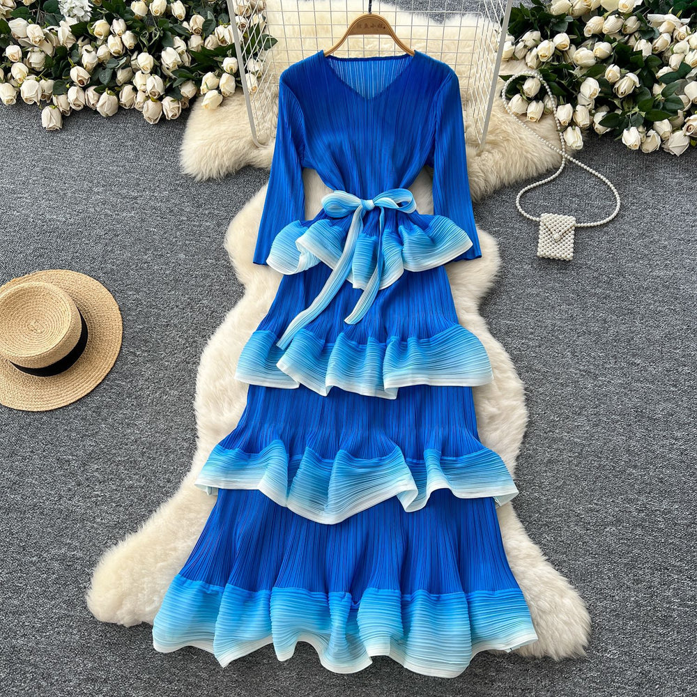 Miya pleated dress - women's  new arrival: high-end tie-waist gradient ruffle pleated maxi dress