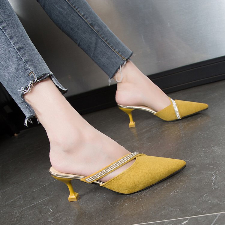 Foreign trade wholesale thin heel cool slippers women's 2023 new bag head pointed rubber thin heel high heel suede cool slippers women