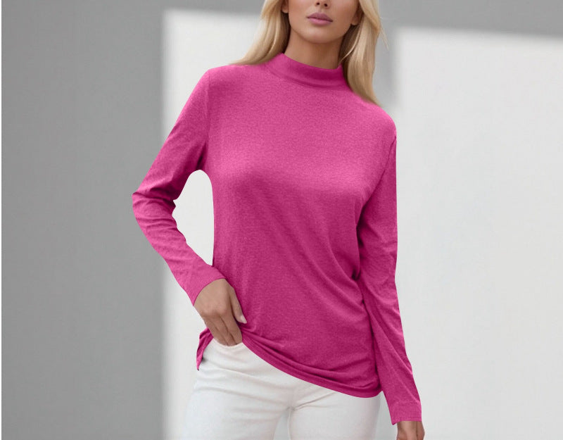 cross-border new women's long-sleeve t-shirt: everyday casual, mid-neck, solid color top, base layer - in stock