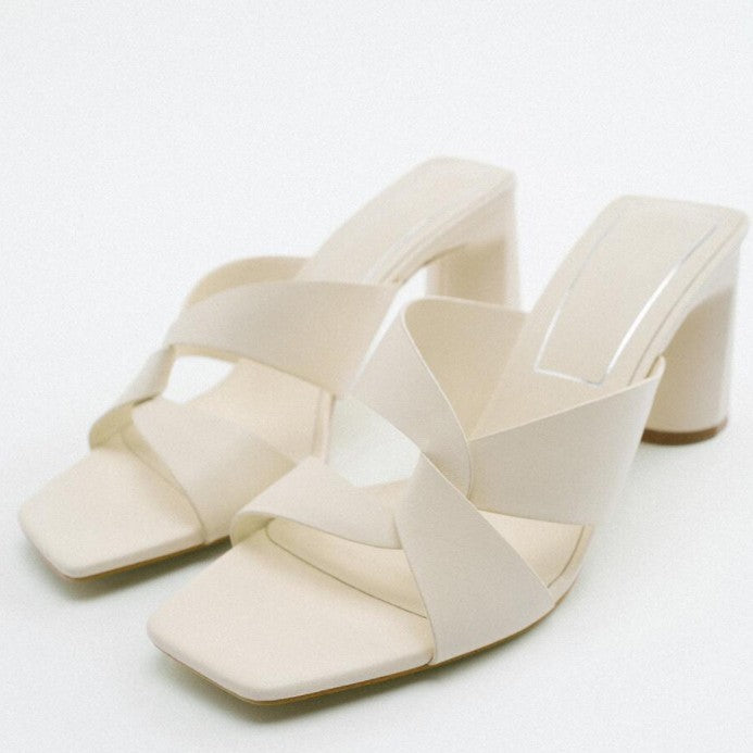 Z's 2023 spring new women's shoes: brown chunky heel minimalist open-toe high heel mules for outdoor wear