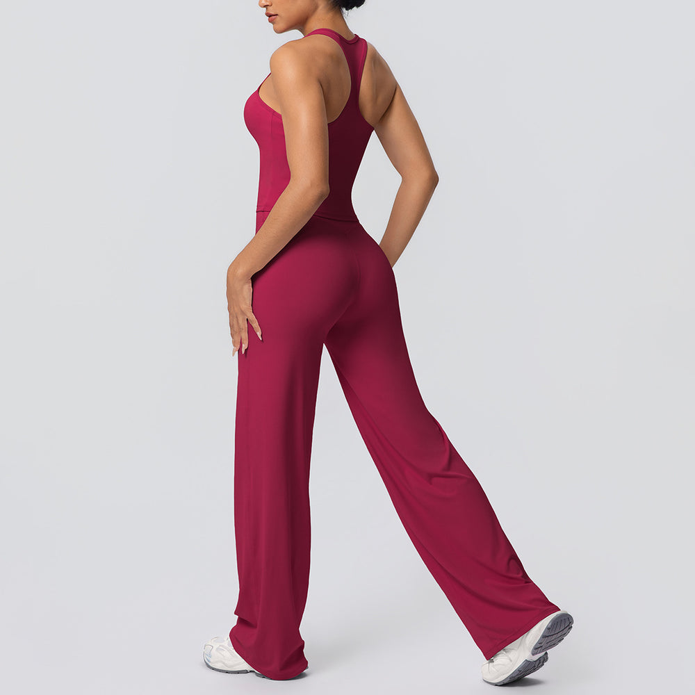 fashion brushed pure color tight i-shaped back sports suit running fitness yoga wear wide-leg two-piece set