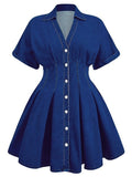 summereleganceelegantretrowork clothingfashiontrendy denim skirt waist v neck short sleeve women's dress