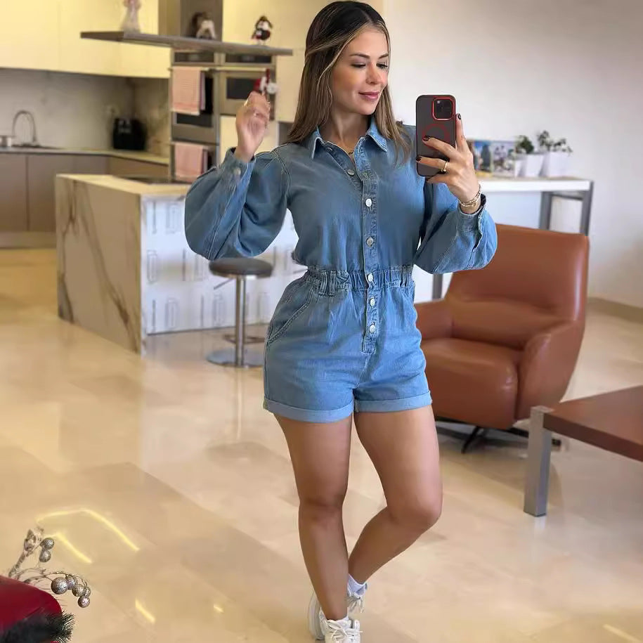European and american export women's clothing:  cross-border women's jumpsuit - fashionable casual single-breasted long sleeve denim shorts
