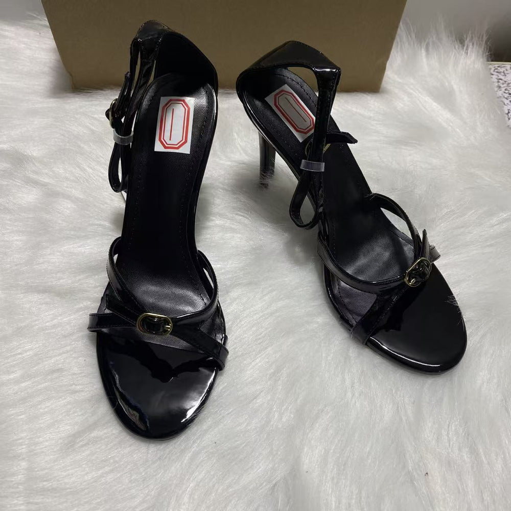 French chic thin strap lambskin patent leather 2025 summer flat round toe open toe genuine leather versatile buckle sandals for women