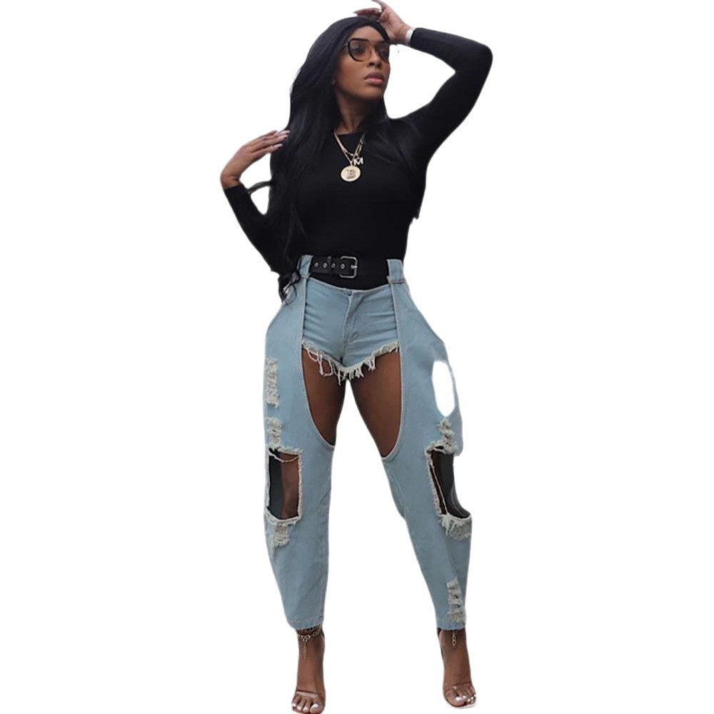 European and american cross-border women's clothing:  women's casual denim jeans, streetwear fashion distressed ripped belted denim pants