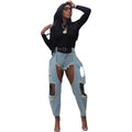 European and american cross-border women's clothing:  women's casual denim jeans, streetwear fashion distressed ripped belted denim pants