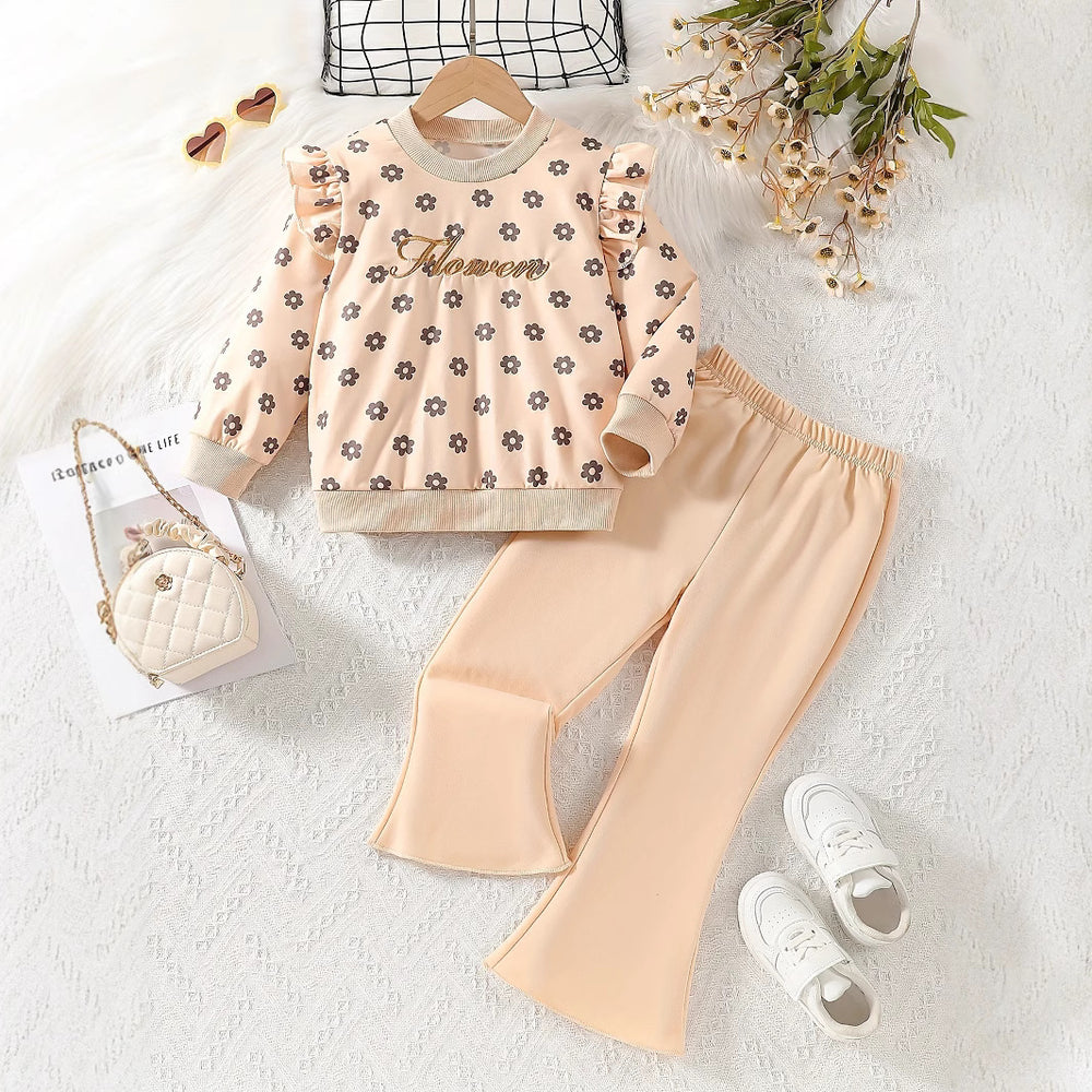 autumn girls' outfit: round neck long sleeve sweatshirt with floral print and lace flutter sleeves, matching flared pants two-piece set