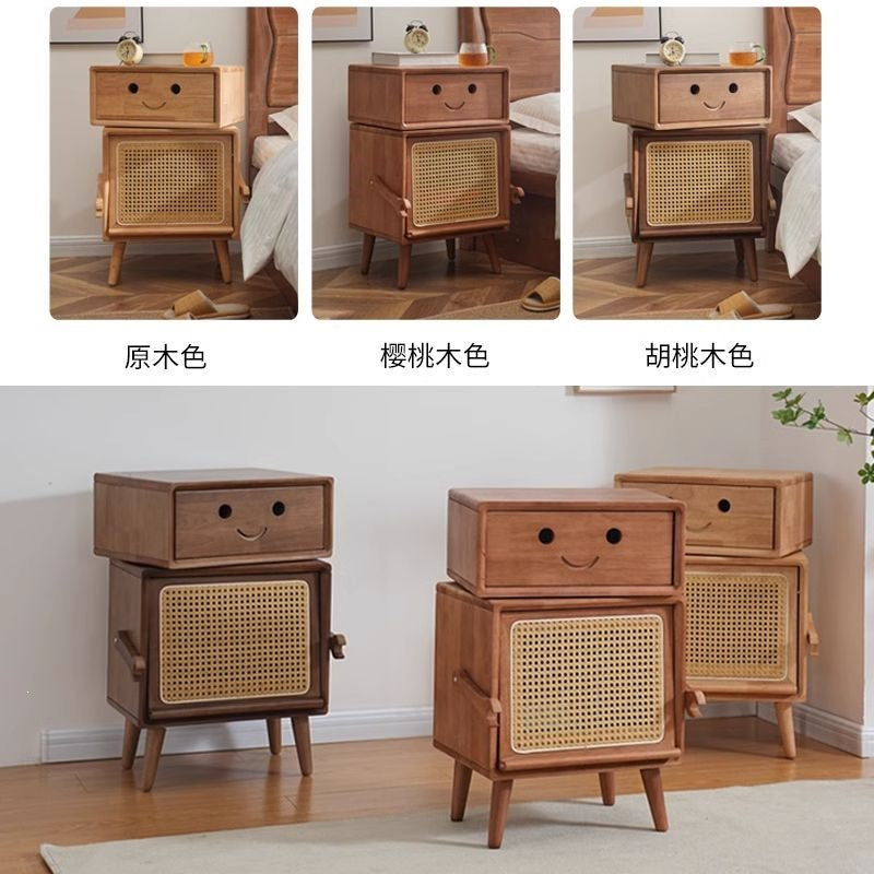 Nordic solid wood bedside table, kids' japanese-style rattan woven robot bedroom storage cabinet, mini simple drawer for small apartments