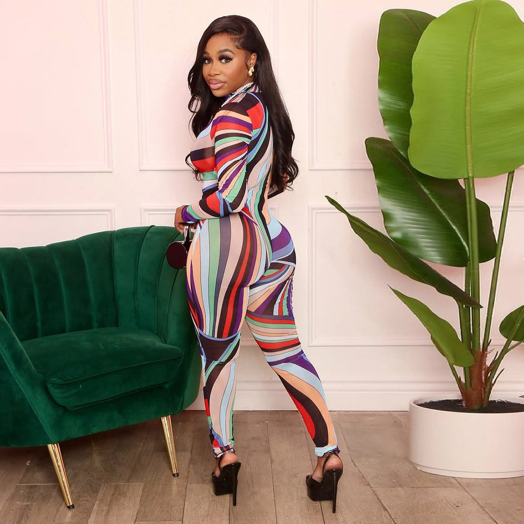 Europe and the United States 2024 winter new women's clothing fashion color geometric pattern semi-turtleneck long-sleeved mesh slim-fit jumpsuit