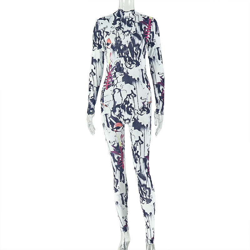 European and american style cross-border fashion: unique print women's color block bodycon jumpsuit - stand collar, elastic, body-hugging, long romper