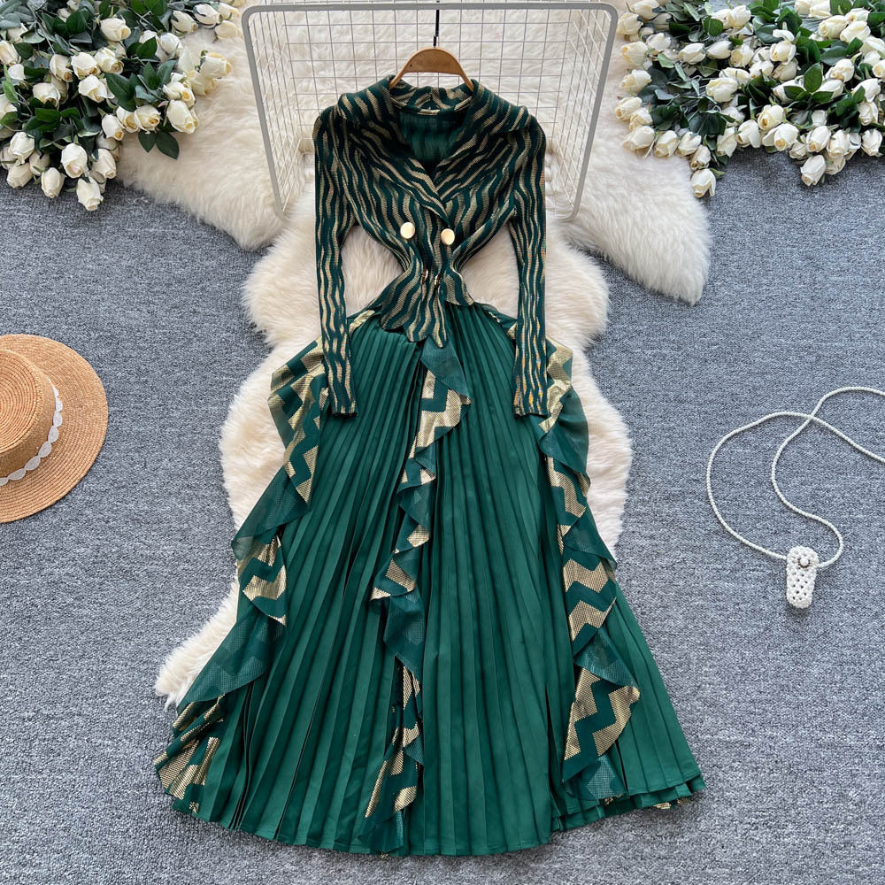 Miya european and american high-end western style suit collar long sleeves double-breasted waist patchworkruffles pleated longdress