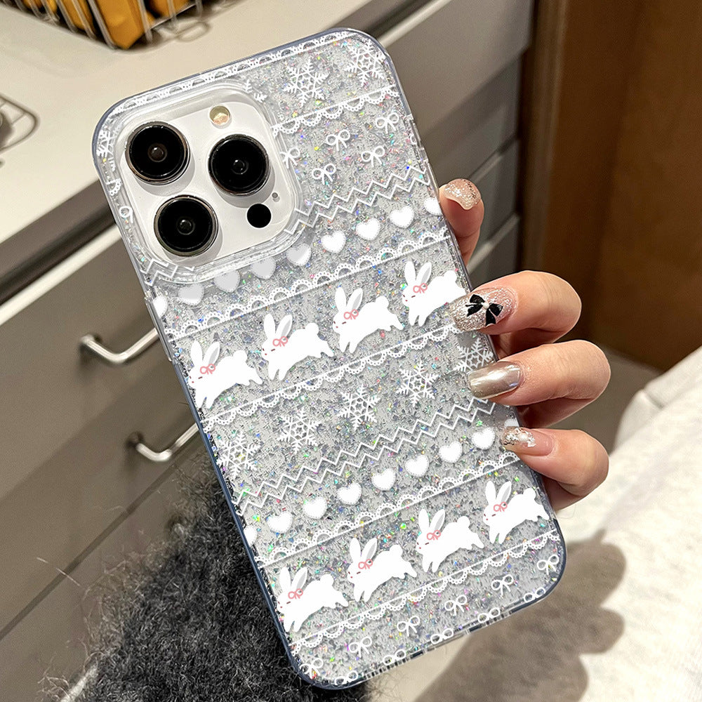 Suitable for iphone16promax silver lace bunny mobile phone case apple 17 all-inclusive anti-fall glitter glue case