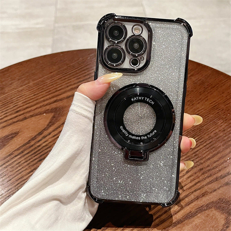 Suitable for apple 16pro four-corner anti-fall electroplated mobile phone case iphone15/14 glitter ring holder protective cover