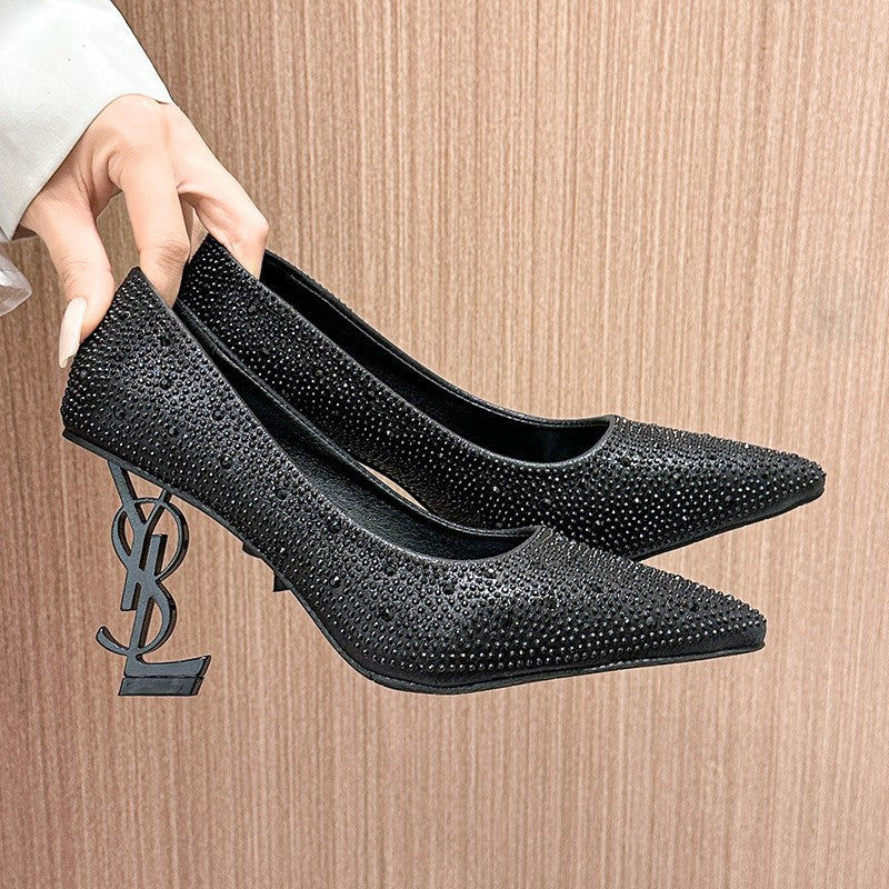 European and american solid color full rhinestone hotfix heels women's 2026 summer new pointed toe letter heel banquet model high heels