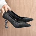 European and american solid color full rhinestone hotfix heels women's 2026 summer new pointed toe letter heel banquet model high heels