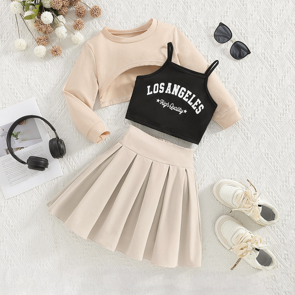 girls' three-piece set: apricot-colored cropped sweatshirt, camisole top, and high-waisted pleated mini skirt – a sporty kids' outfit