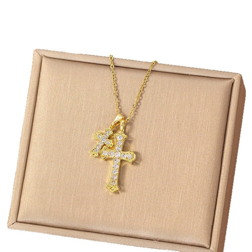 [titanium steel] cross-border popular diamond double cross necklace, high-end elegant fashion stylish clavicle chain jewelry