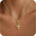 European and american cross-border hot-selling golden cross necklace for women niche style design versatile high-end paper clip ot buckle clavicle chain
