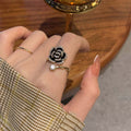 Human wealth flower black camellia ring female insclassy accessible luxuryfrenchsmall fragrance wind gentle elegant trendy