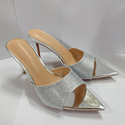 Summer women's stunning rhinestone stiletto heel mules - perfect with dresses, pointed-toe single strap high heels, sexy and comfortable for all-day wear