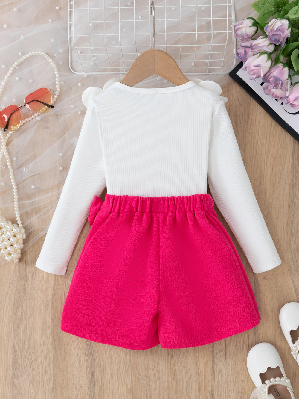 hot-selling girls' 3d floral top and beaded irregular skort two-piece set