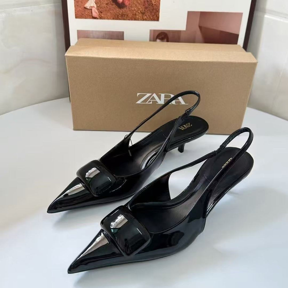 Zar spring new arrivals: women's black patent leather square buckle slingback mules, low-cut work shoes, and cat-heel sandals