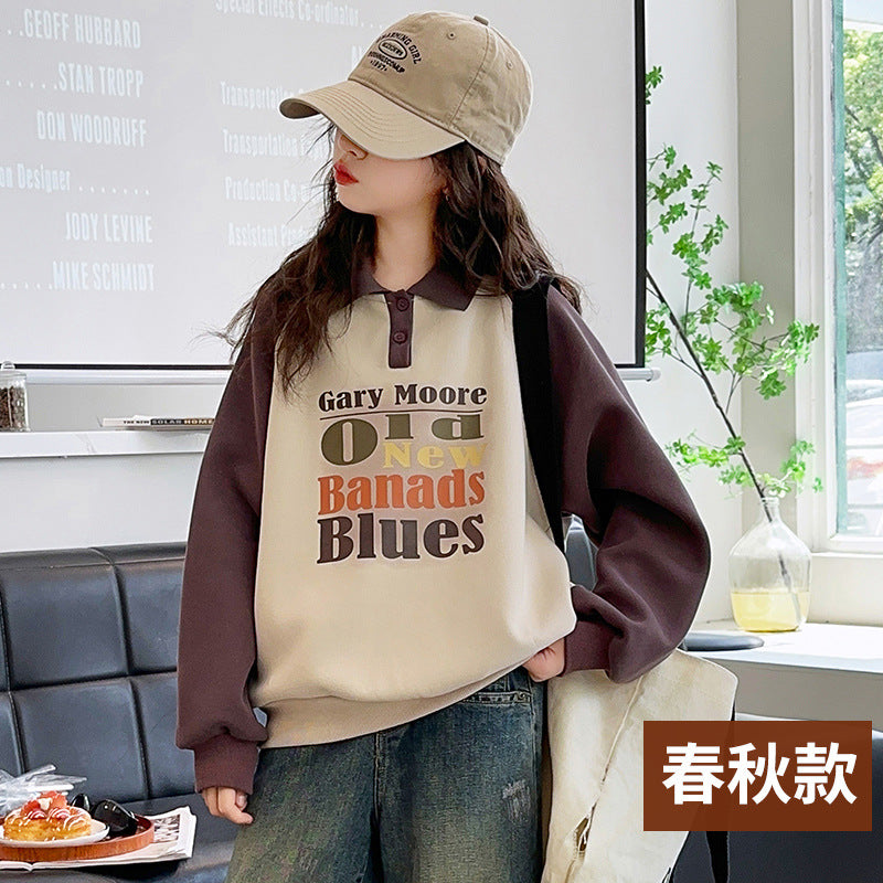 Girls' sweatshirt  new kids' spring/autumn fashionable polo collar top, loose casual children's clothing top for mid-to-large children