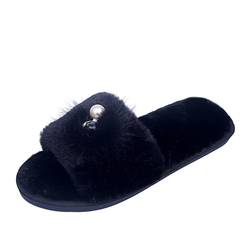 2024 new fuzzy slippers for women - wholesale direct from manufacturer, korean style one-strap slides, perfect for home or outdoor wear, pearl embellished flat fuzzy slippers
