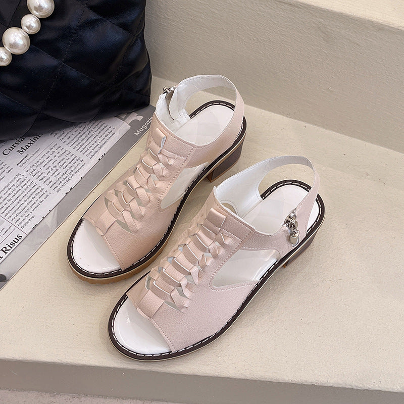 Foreign trade sandals women's 2022 summer fish mouth thick heel high heel hollow waterproof table zipper Roman women's shoes  delivery