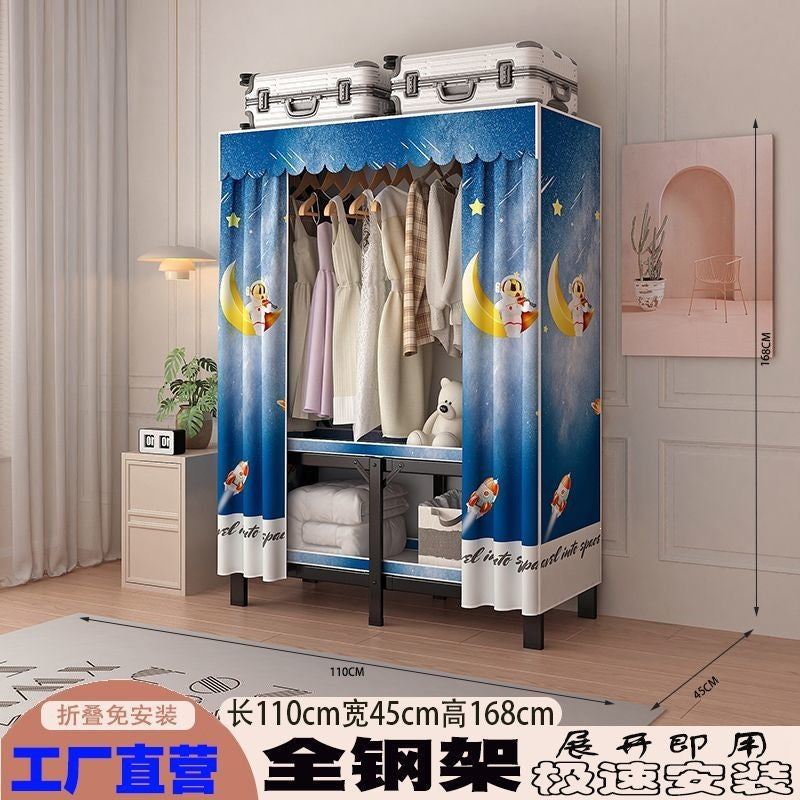 Foldable wardrobe - no assembly required, easy home use, bedroom steel frame, reinforced steel pipes, thickened, durable clothes rack for rental properties