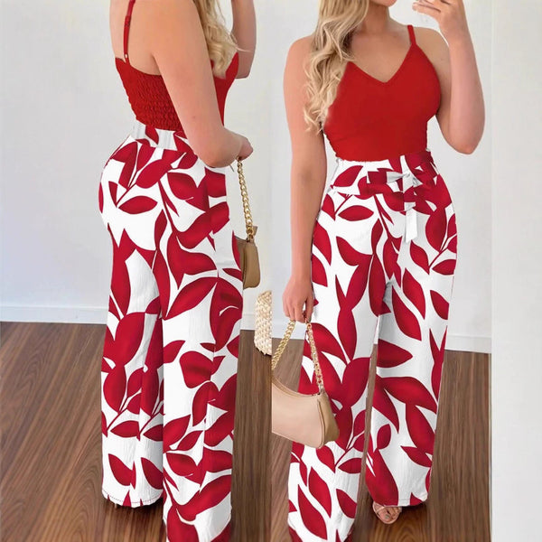 Women's elegant casual solid-color suspender top and plant-printed loose trousers two-piece set