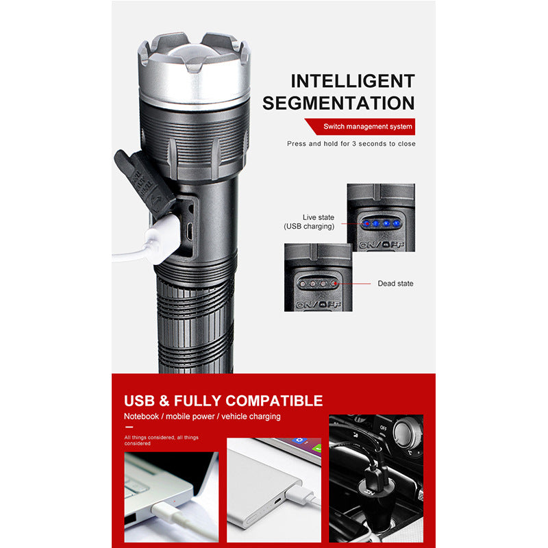 Cross-border new XHP90 + COB strong light flashlight USB charging outdoor zoom remote shooting tactical LED flashlight