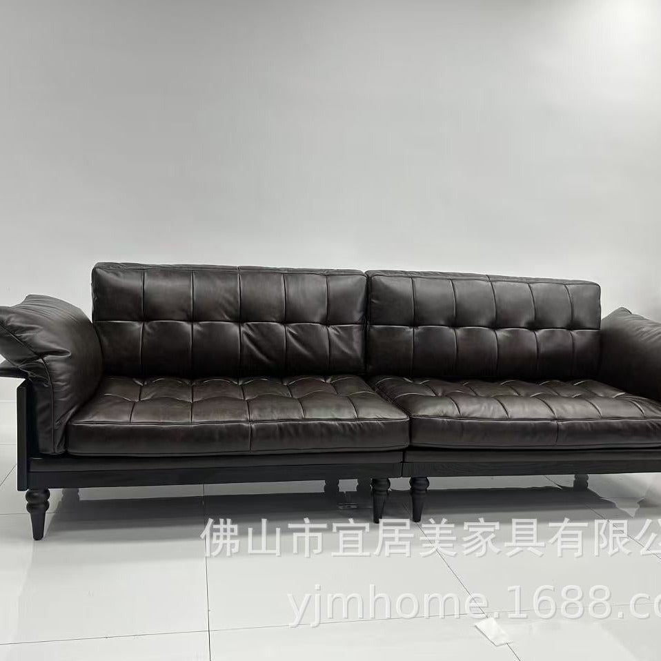 American genuine leather sofa, mid-century modern style, small apartment living room, new high-end solid wood french vintage kenney sofa for home use
