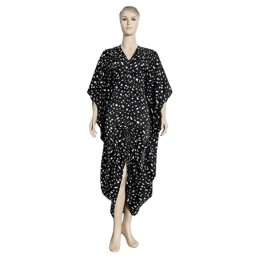 Autumn irregular waist leopard print v-neck loose drawstring dress african plus size women's clothing factory wholesale