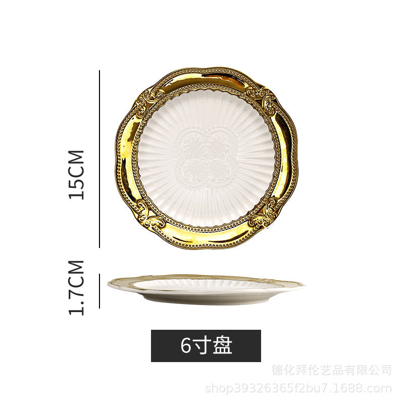 Accessible luxury pastry plate ceramic gold rim western food plate special ceramic steak plate commercial tableware casual model room decoration